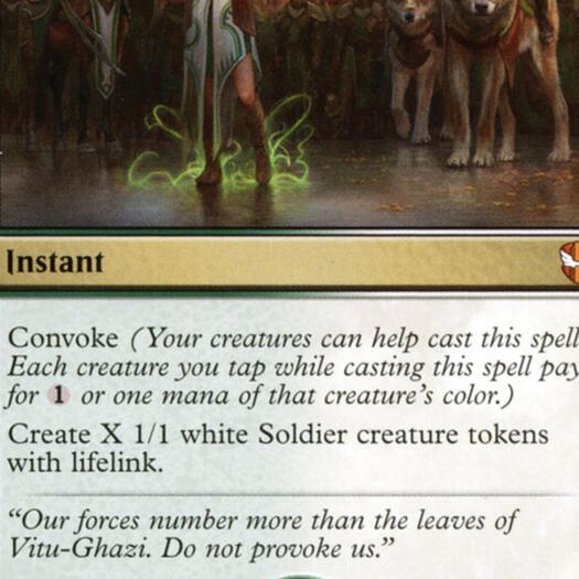 I wrote the flavor text: "Our forces number more than the leaves of Vitu-Ghazi. Do not provoke us."